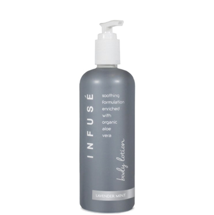 Gray lotion bottle with pump labeled 'Infuse' on a white background