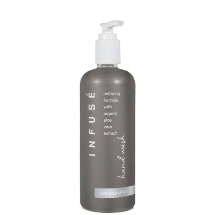 Gray hand wash bottle with pump labeled 'Infuse' on a white background