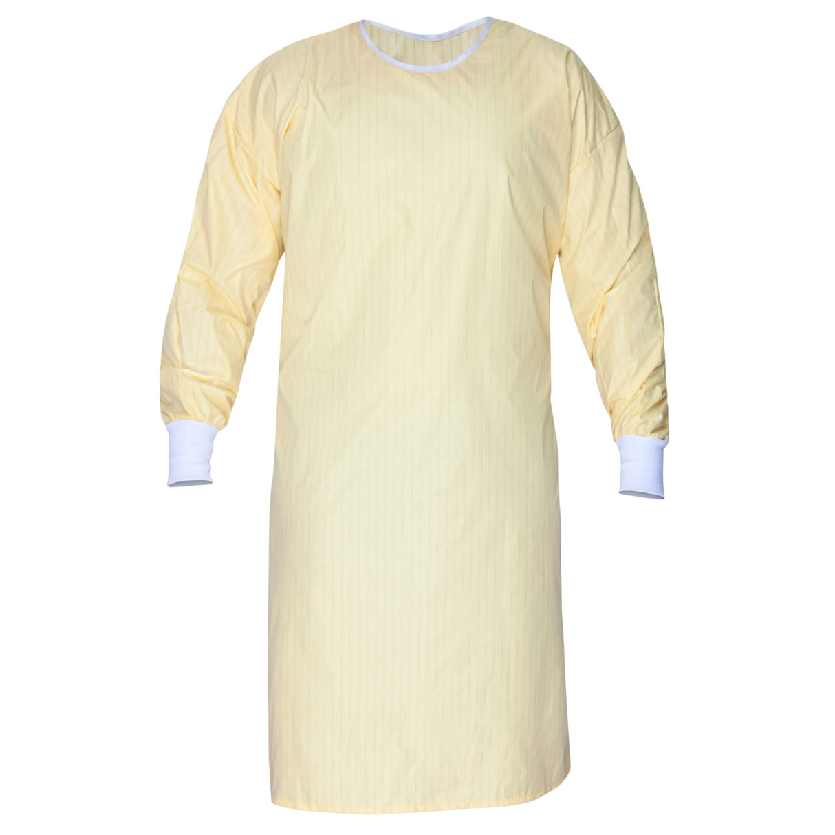 Product showcases a yellow isolation gown for healthcare services. Includes knit cuffs to keep skin clean and safe.