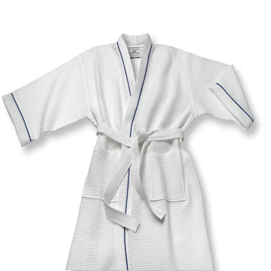 White bathrobe with blue piping on a white background
