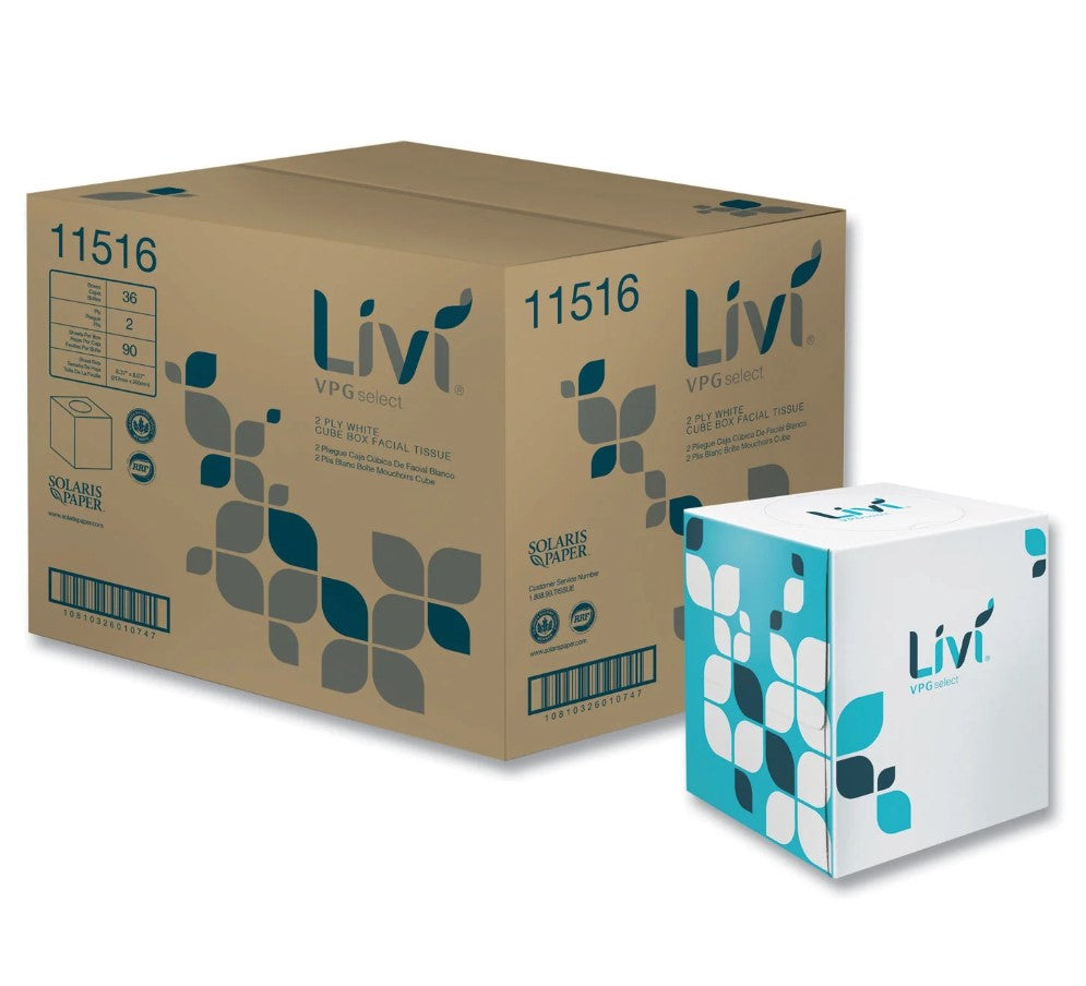 Product is a display of a packing box which contains multiple boxes of facial tissues by Livi.