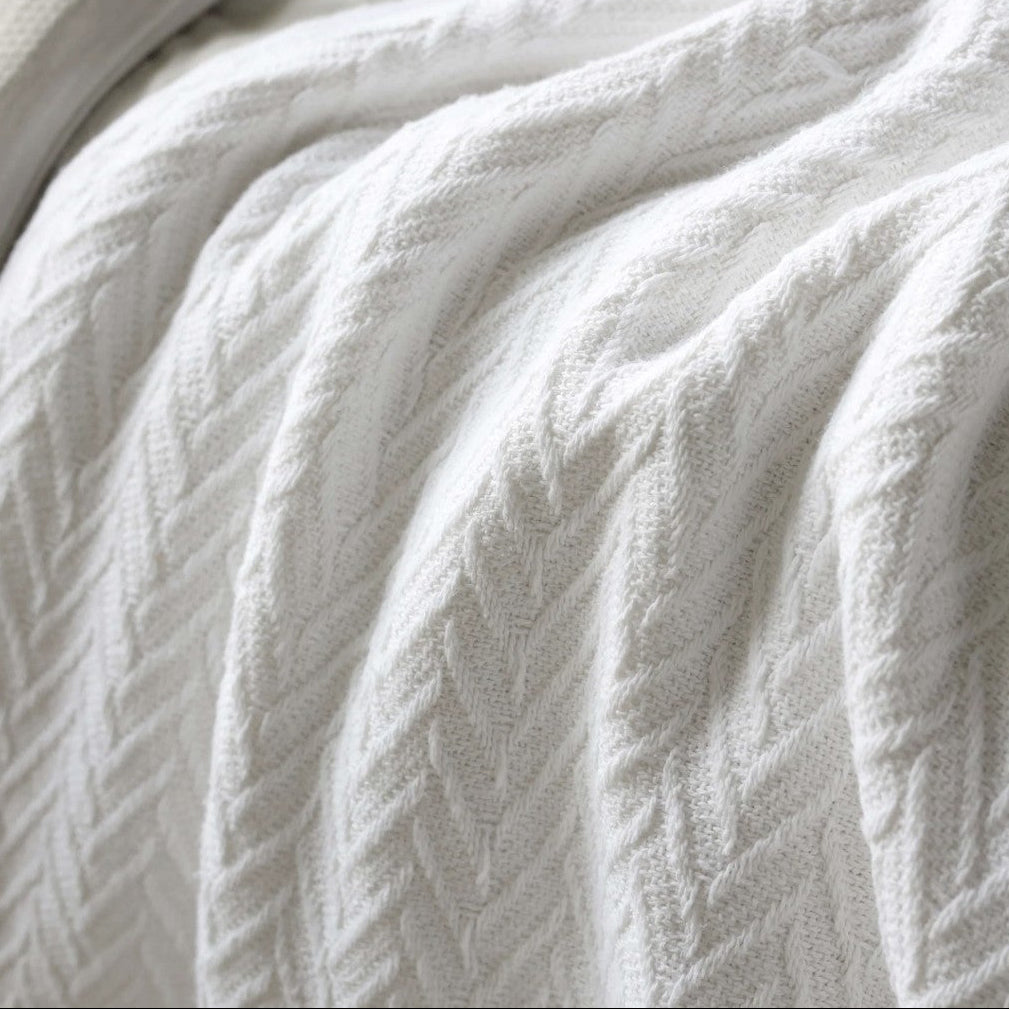 Pictured: A close-up of a white textured throw blanket with a cable-knit pattern, draped in soft folds.