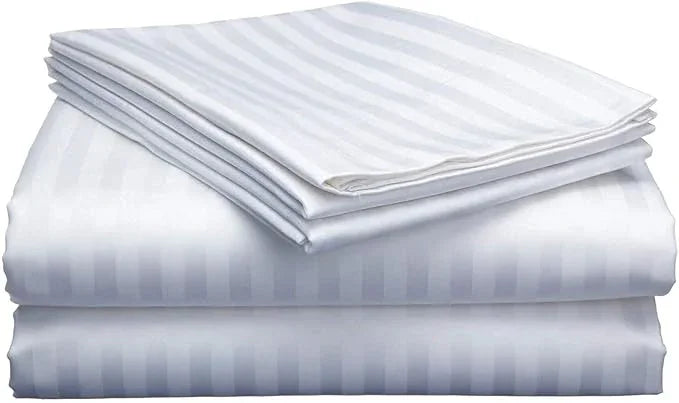 High thread count bed sheet set in white with striped satin detailing
