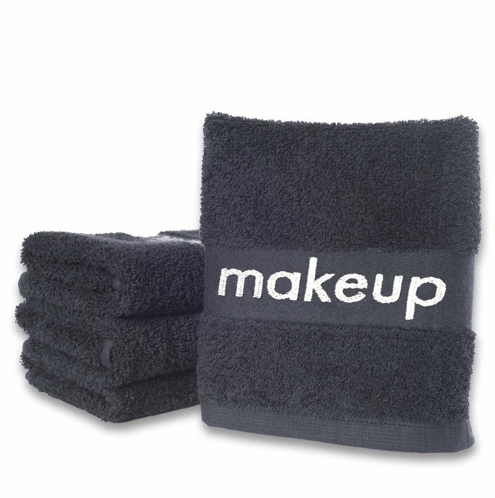 Black makeup towels with 'makeup' text on a white background