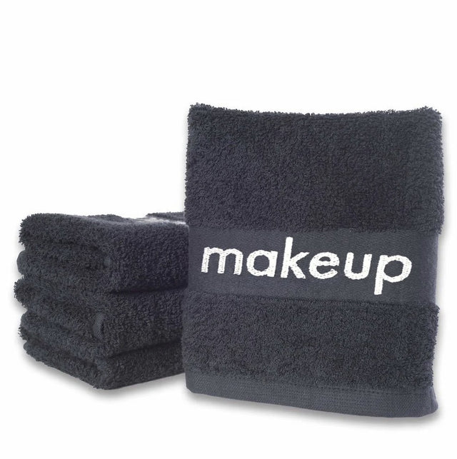 Black makeup towels with 'makeup' text on a white background