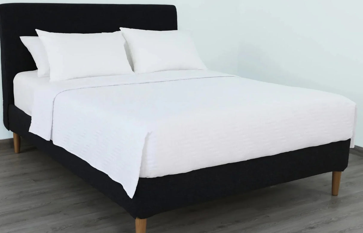 Bed display of textured bed linens in white