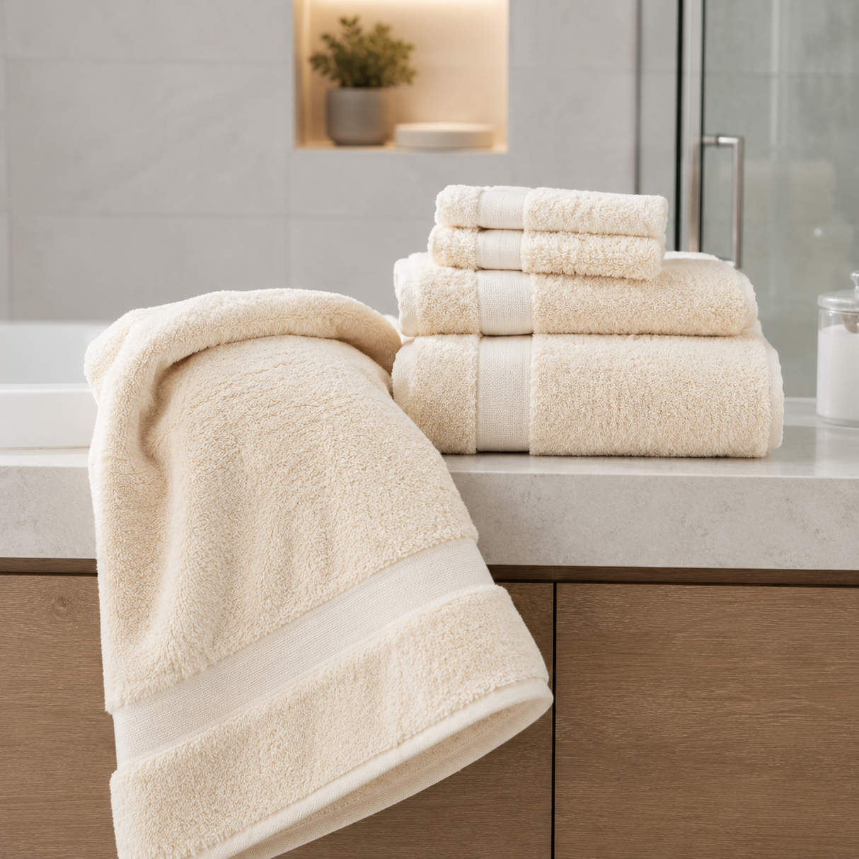 Beige towels on a bathroom counter with a neutral background