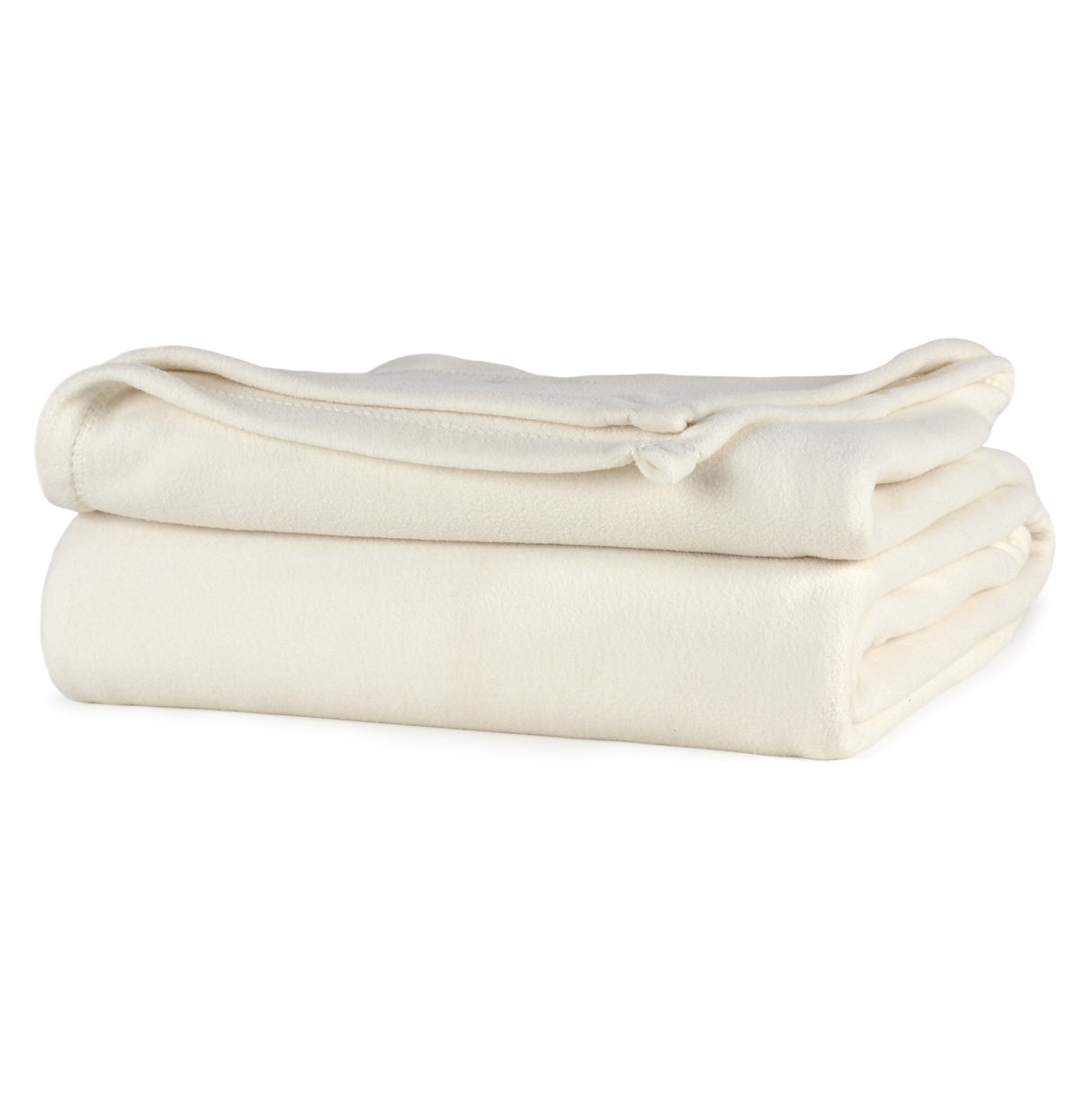 Cream white colored fluffy and luxurious blanket neatly folded. Product shot.