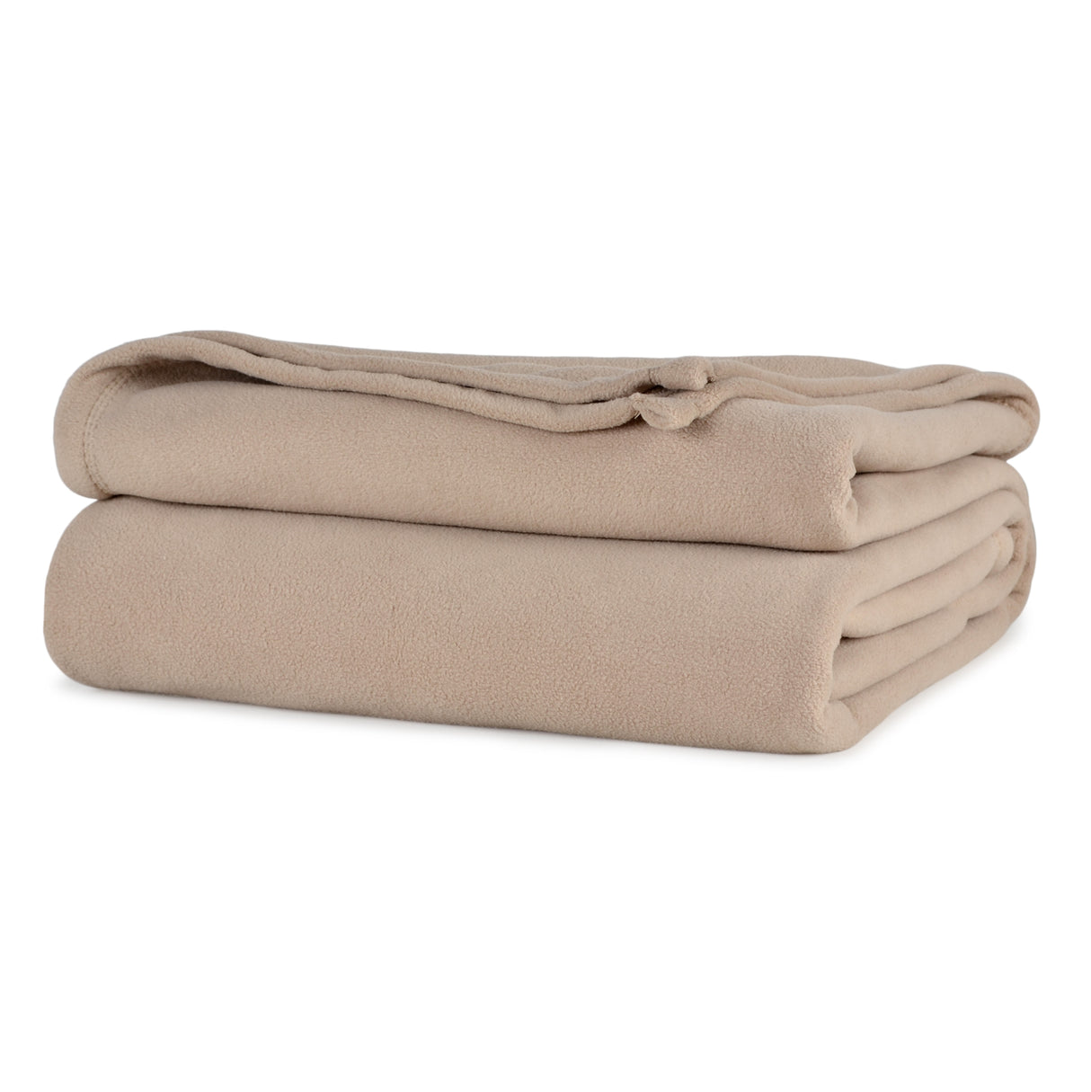 Taupe colored fluffy and luxurious blanket neatly folded. Product shot.