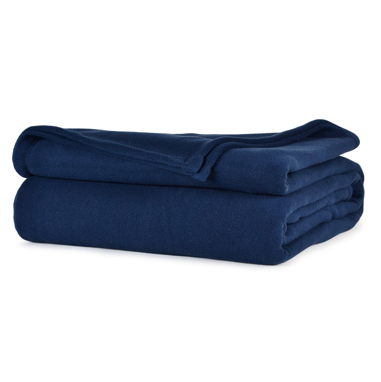 Navy colored fluffy and luxurious blanket neatly folded. Product shot.