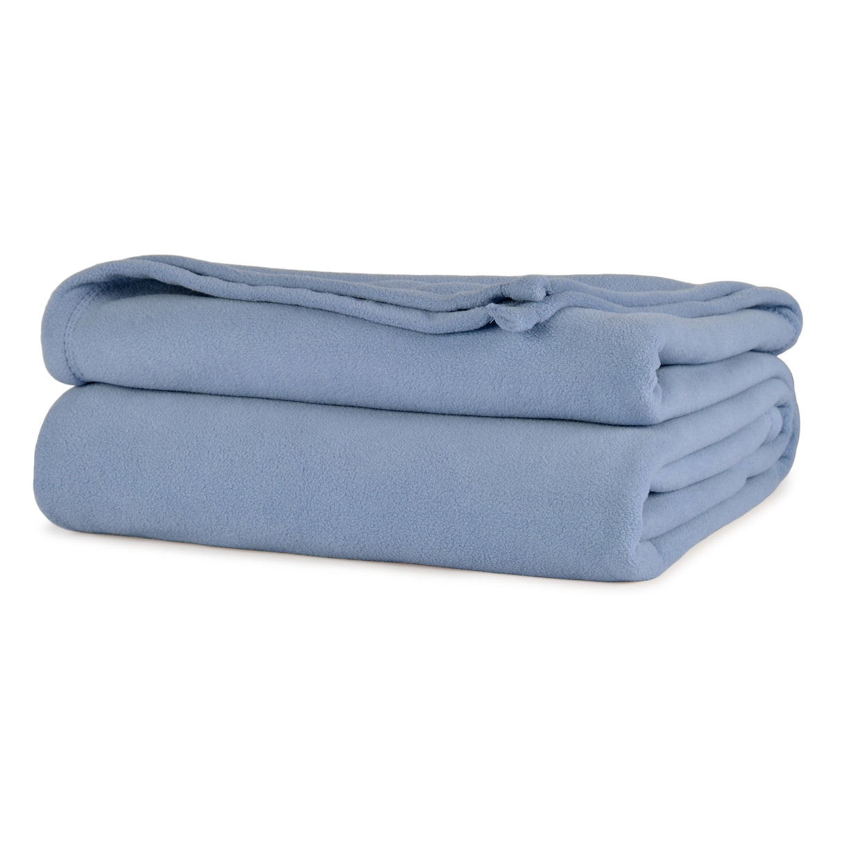 Periwinkle colored fluffy and luxurious blanket neatly folded. Product shot.