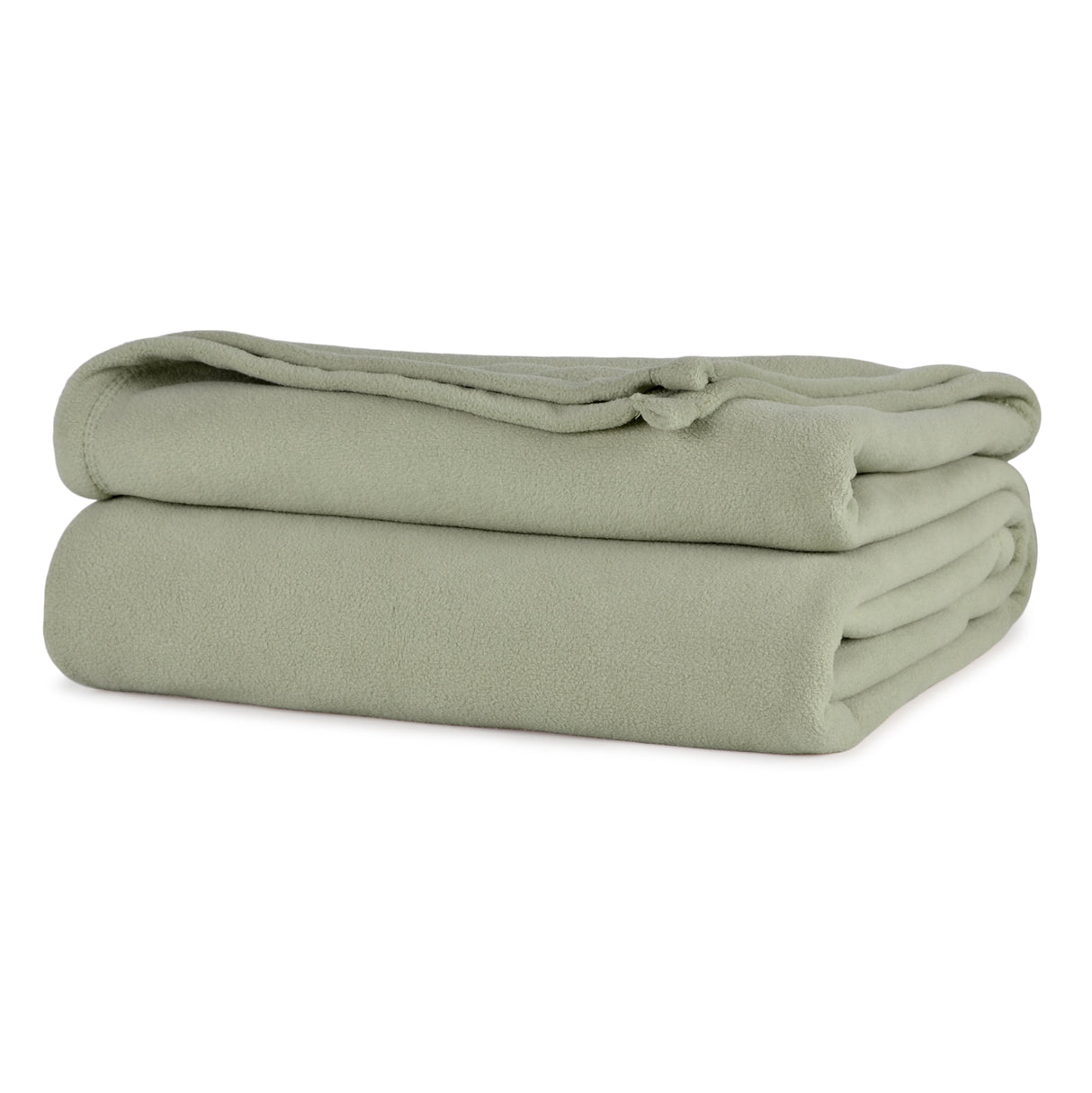Sage green colored fluffy and luxurious blanket neatly folded. Product shot.