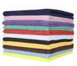 A stack of microfiber cleaning cloths in various solid colors including blue, green, red, yellow, and black.
