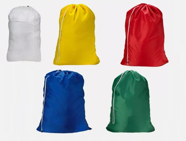 Product features variety of colored laundry bags. Colors include blue, green, red, yellow and white. White background.