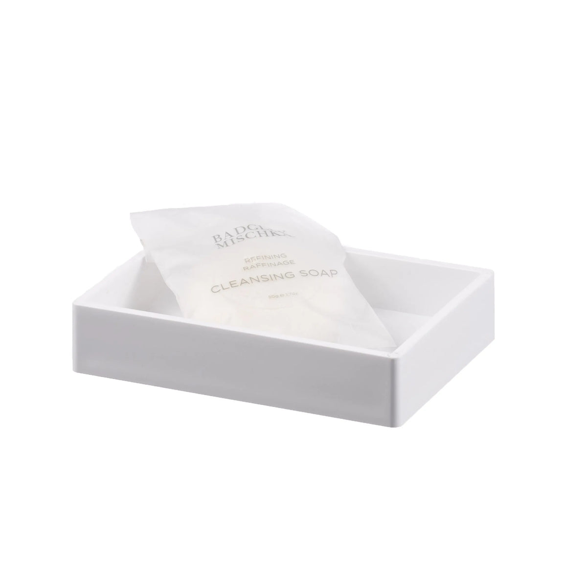 Pictured: White Oasis Spa Rectangular Dish holding a packaged cleansing soap against a white background.