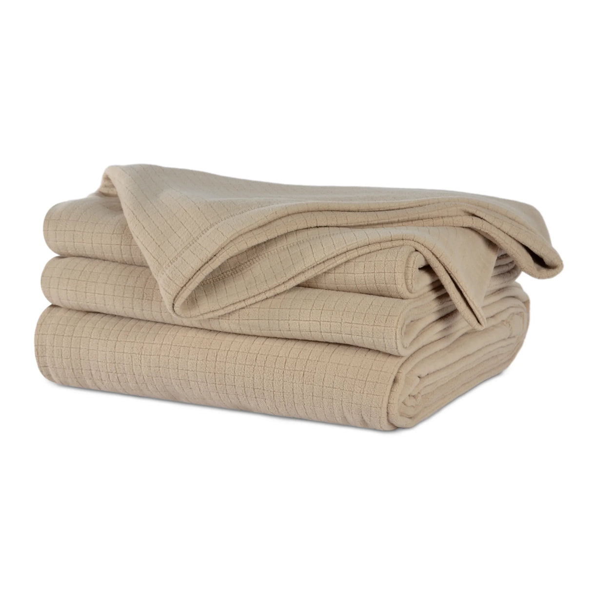 Taupe colored fluffy and luxurious blanket neatly folded. Product shot.