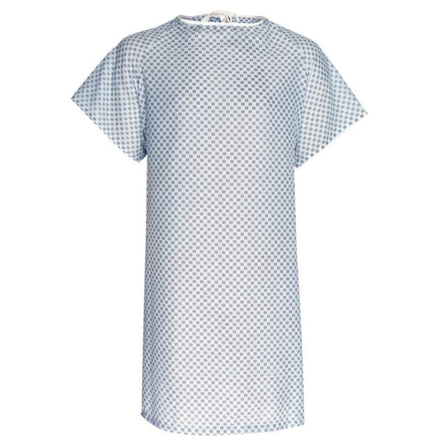 Product shows a healthcare patient gown in a white and blue dotted pattern.  One size fits all . White background.