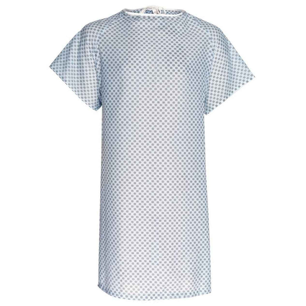 Pictured: Healthcare patient gown in a white and blue dotted pattern against a white background. One size fits most.
