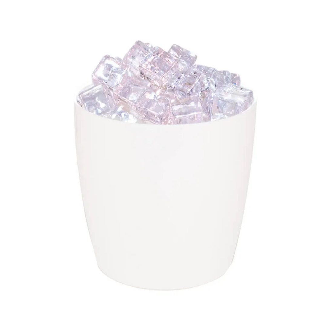 White vase with pink decorative stones on a white background