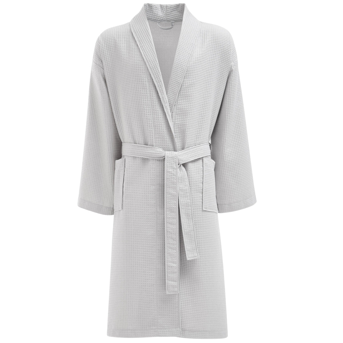 Pictured: Grey bathrobe with waffle design and texture against a white background. The robe is long sleeved and tied in the front. It also features two pockets, one on each side.