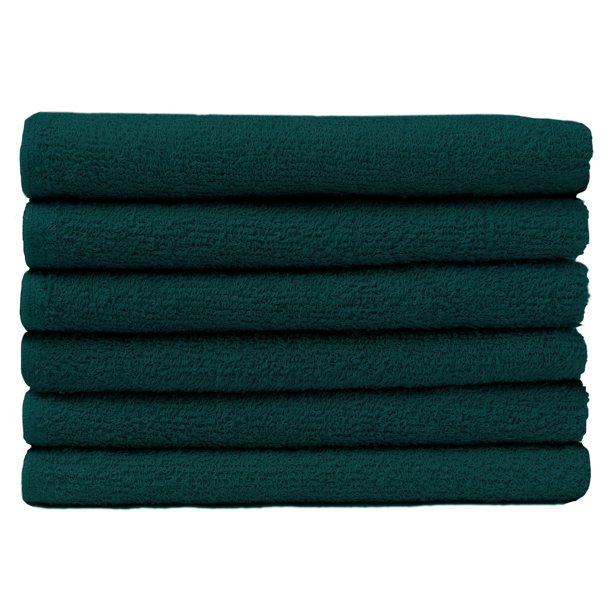 Pictured: Neatly folded stack of 6 green towels against a white background. These towels are in the shade Hunter Green.