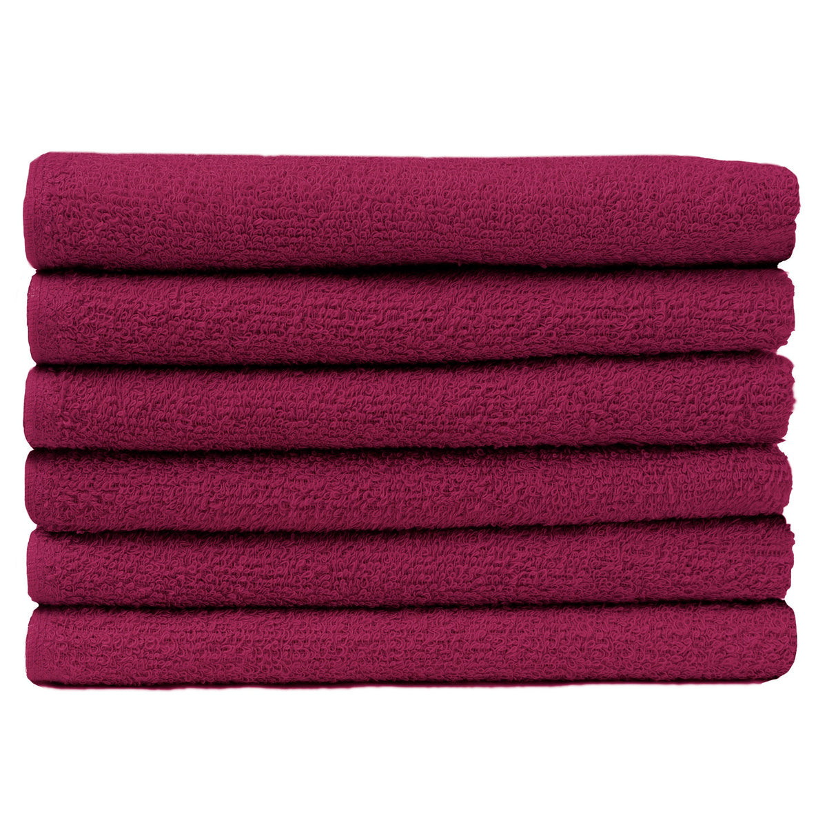 Pictured: Neatly folded stack of 6 magenta towels against a white background. These towels are in the shade Burgundy.