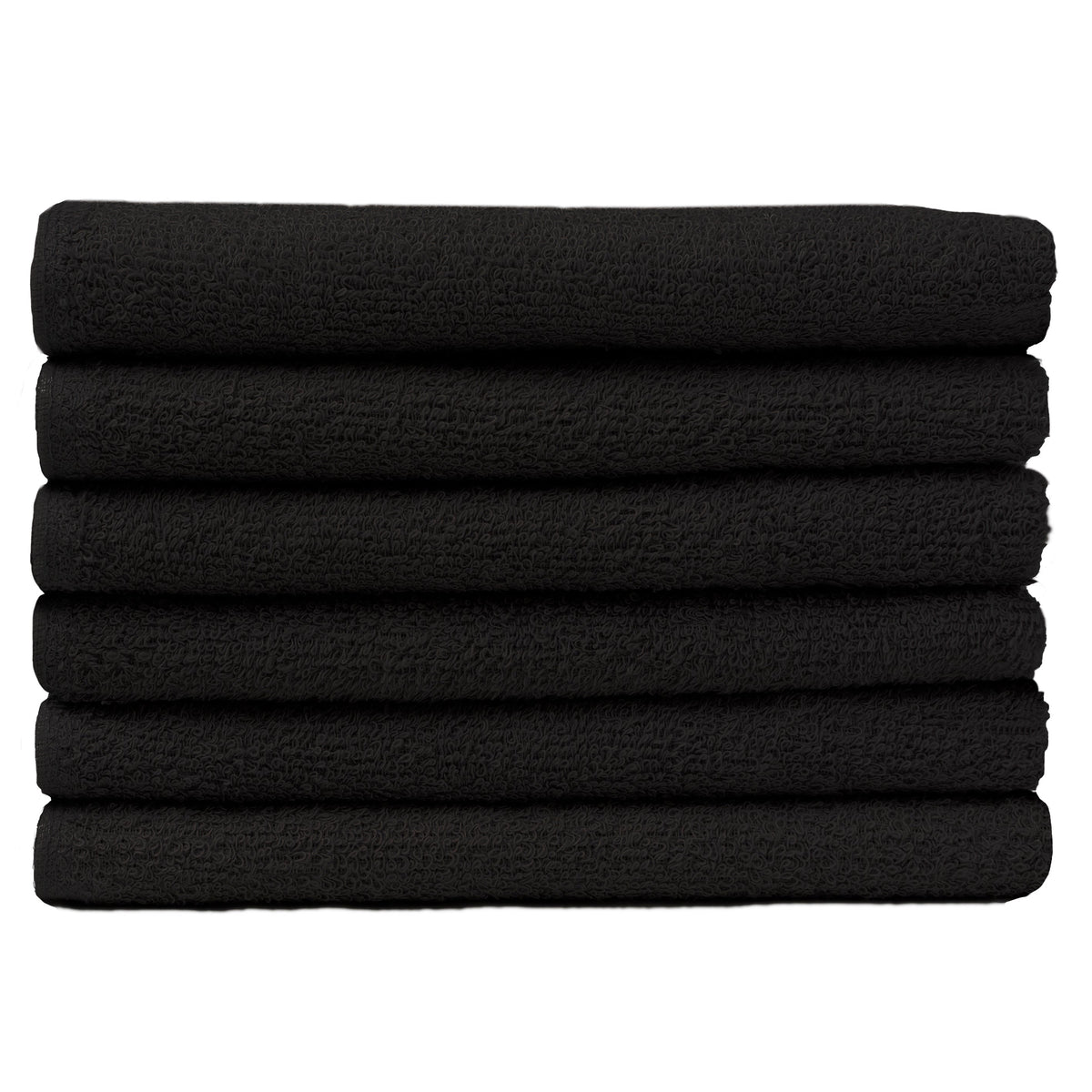 Pictured: Neatly folded stack of 6 dark towels against a white background. These towels are in the shade Black.