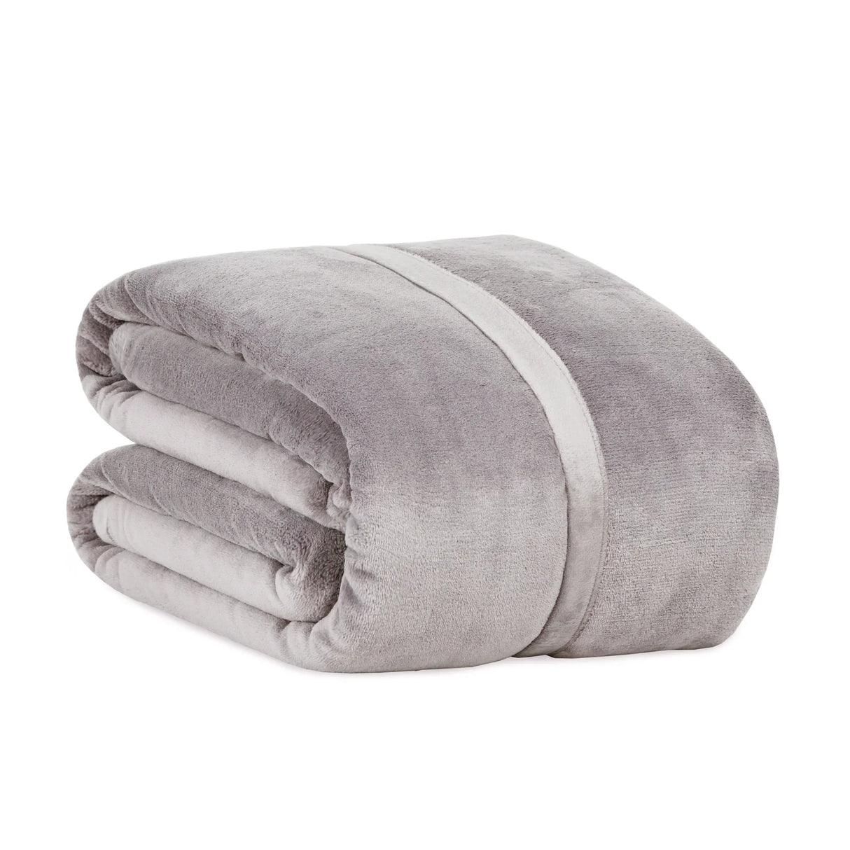 Grey colored fluffy and luxurious blanket neatly folded. Product shot.