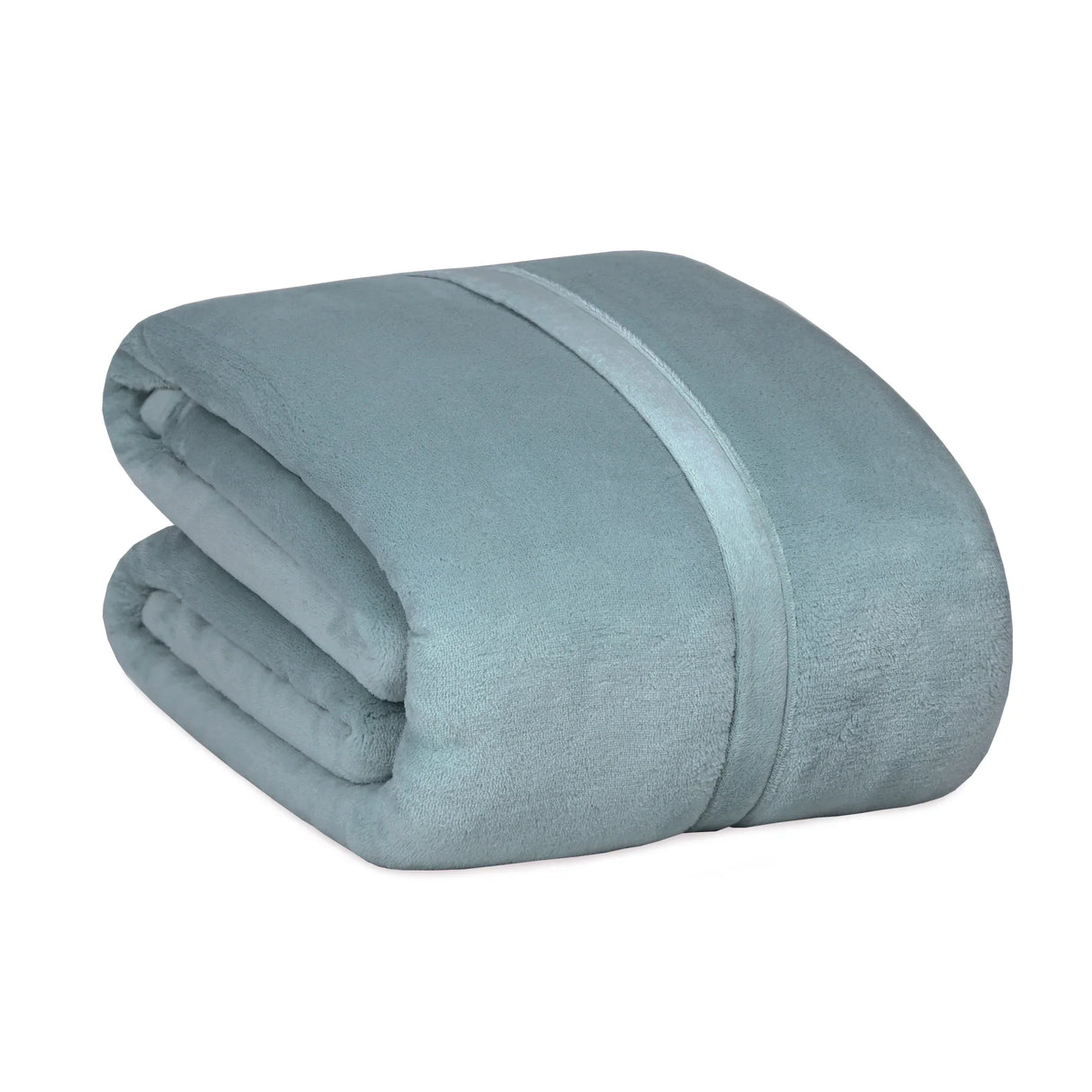 Teal colored fluffy and luxurious blanket neatly folded. Product shot.