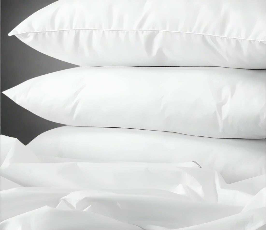 product shot of 3 pillows stacked on top of each other for hospitality and hotel wholesale supplier.
