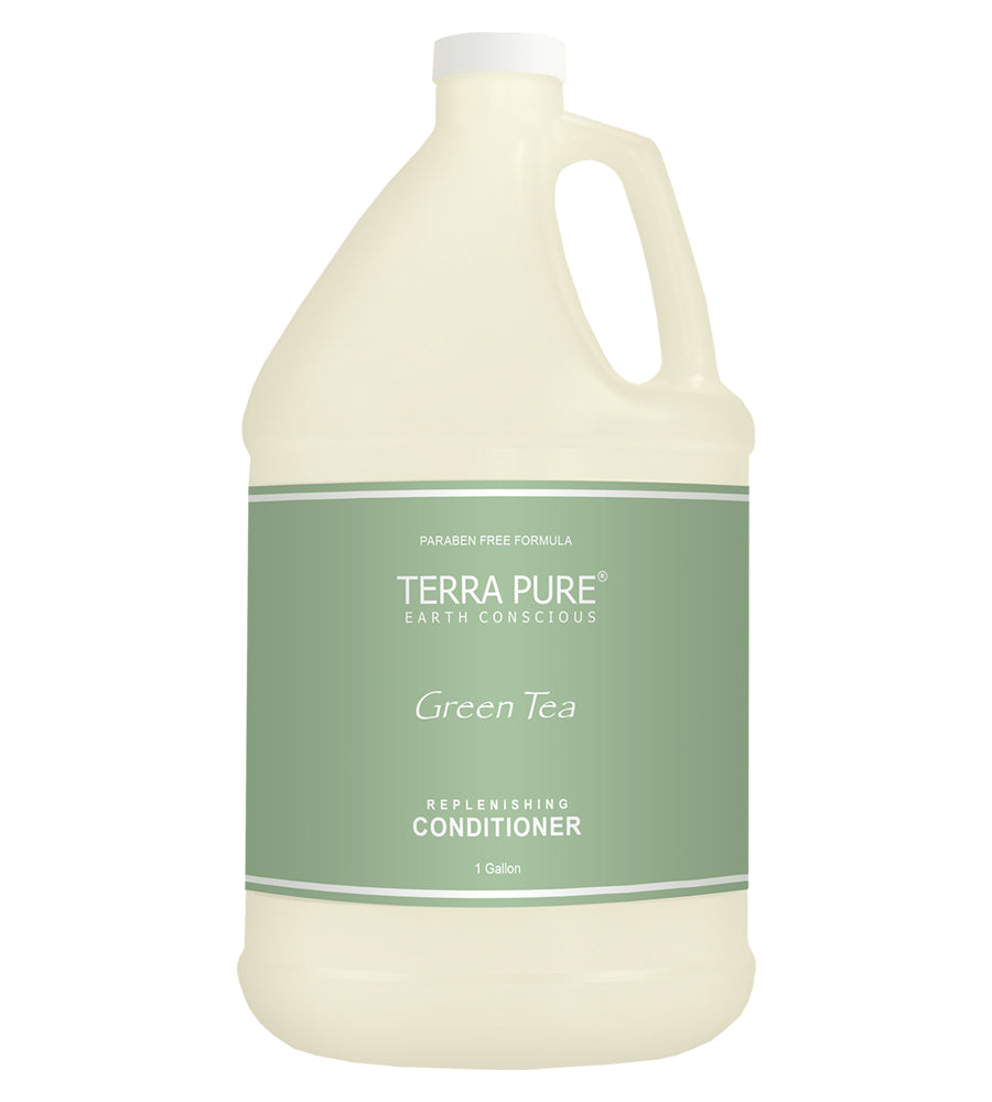 Bulk hotel amenity of Terra Pure Earth Conscious paraben free formula in green tea scent. Replenishing conditioner in 1 gallon size.