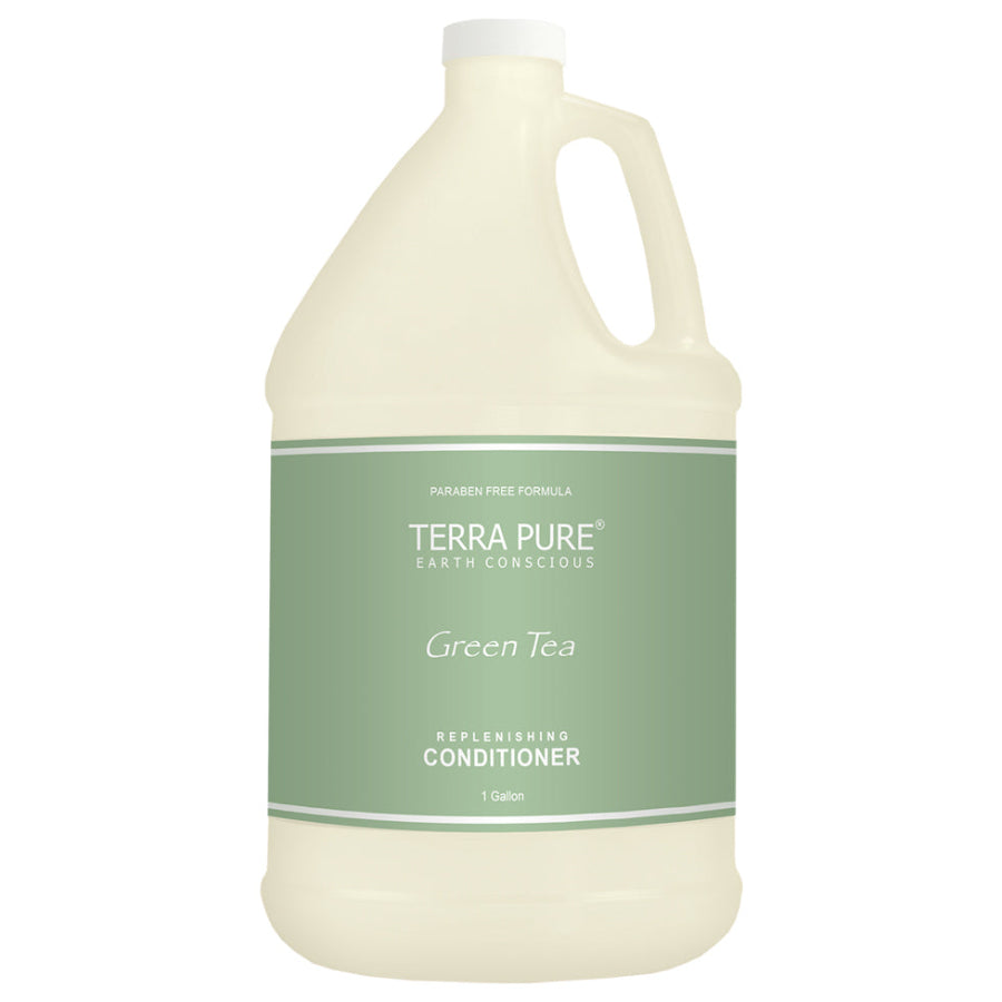 Pictured: Gallon size refill of the Tera Pure Green Tea Conditioner against a white background. The jug is a clear plastic with a twist off cap wrapped in a green label.