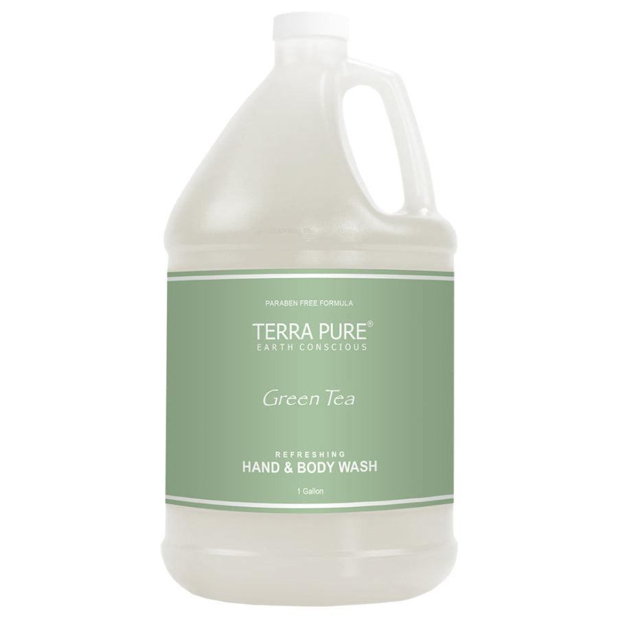 Pictured: Gallon size refill of the Tera Pure Green Tea Hand & Body Wash against a white background. The jug is a clear plastic with a twist off cap wrapped in a green label.