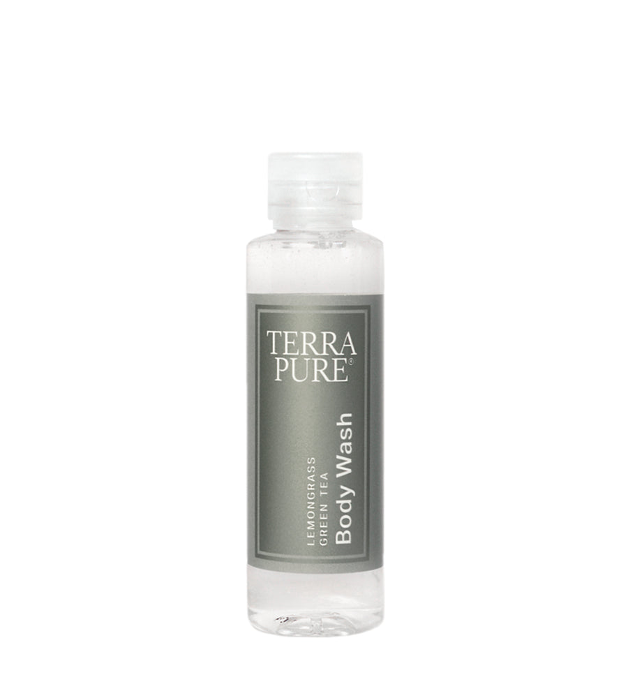 Terra pure lemongrass and green tea body wash in sample size. Product shot. White background.