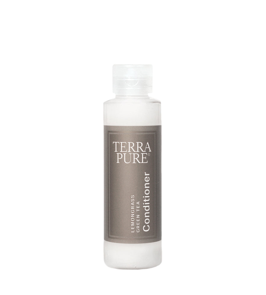 Terra pure hotel amenities conditoner with lemon grass and green tea. Sample size. Product shot. White background.