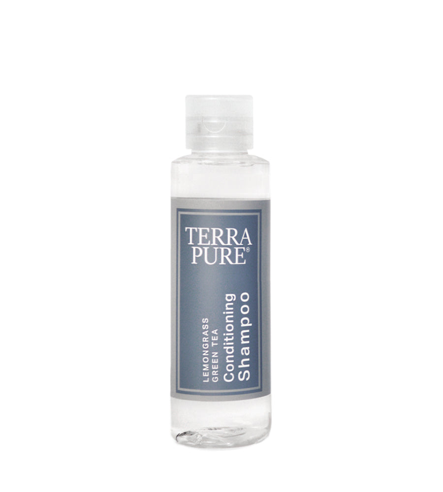 Terra pure sample hotel amenity in lemongrass and green tea conditioning shampoo. Product shot. White background.