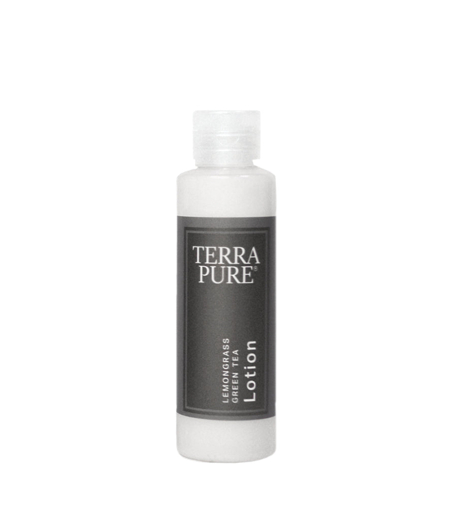 Terra pure lemon grass and green tea lotion. Sample size. Product Shot. White Background.