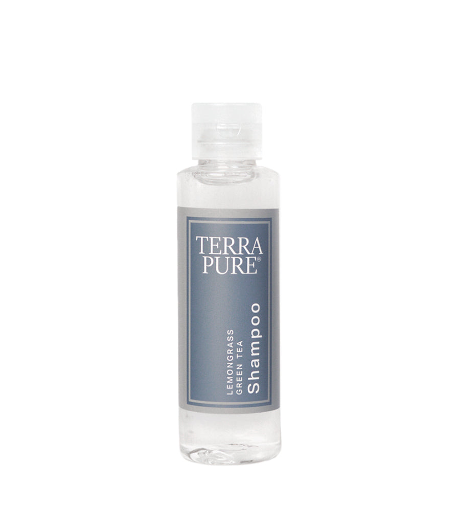 Terra pure hotel amenities lemon grass and green tea shampoo sample size. Product shot. White background.