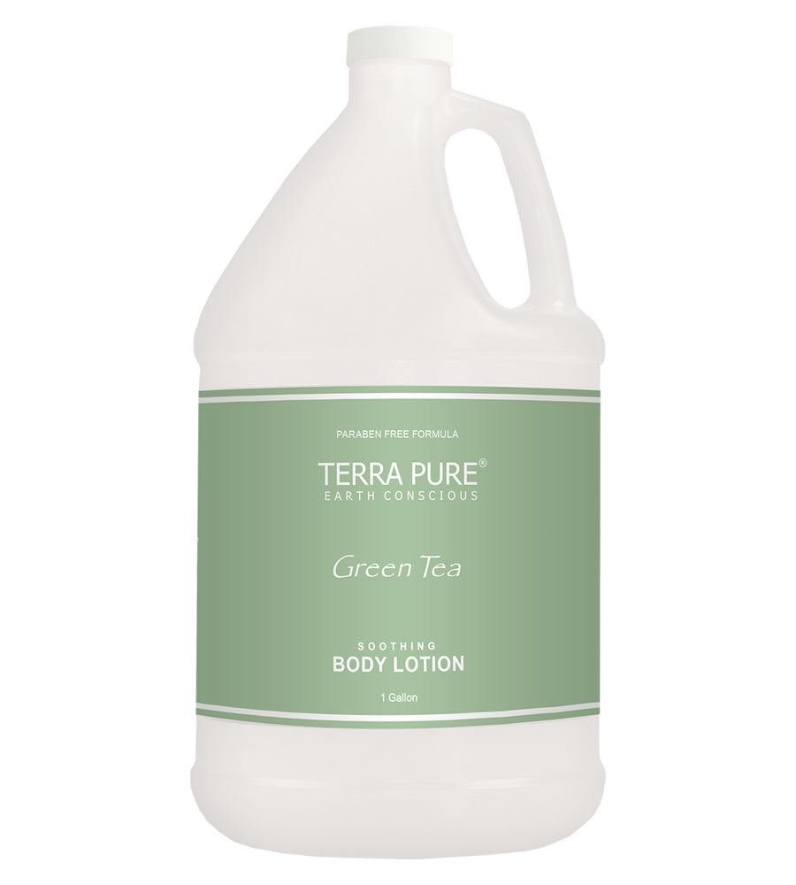 Product shot of bulk hotel amenity terra pure earth conscious with paraben free formula. Green tea scented soothing body lotion in 1 gallon size. Product shot. White background.