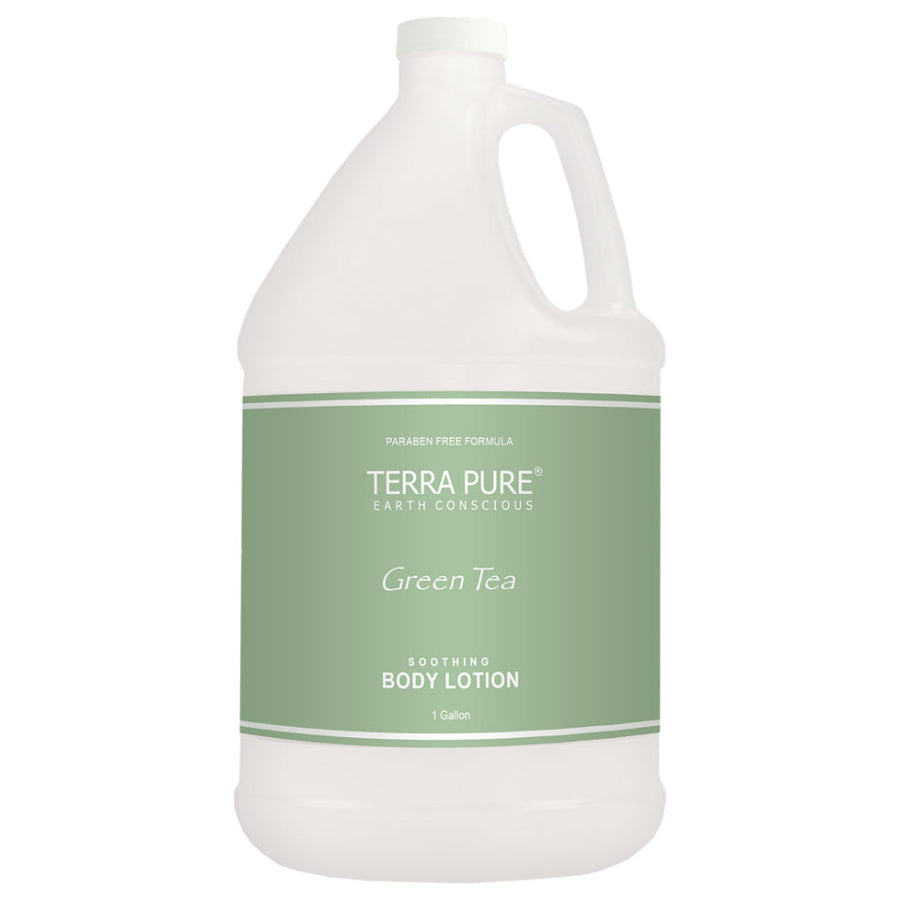 Pictured: Gallon size refill of the Tera Pure Green Tea Body Lotion against a white background. The jug is a clear plastic with a twist off cap wrapped in a green label.