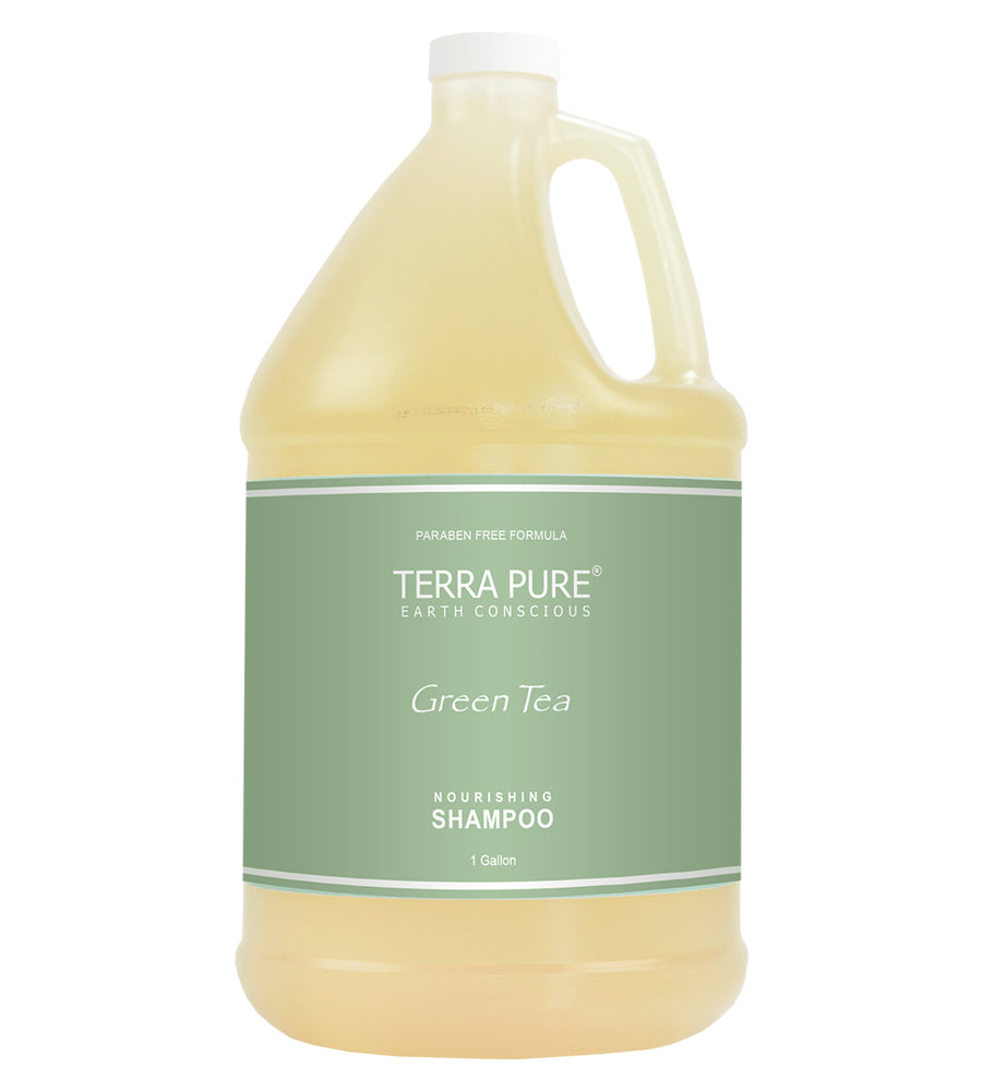 Bulk liquids of the Terra Pure, paraben free formulated earth conscious green tea nourishing shampoo. Product shot. White background. 1 Gallon size.