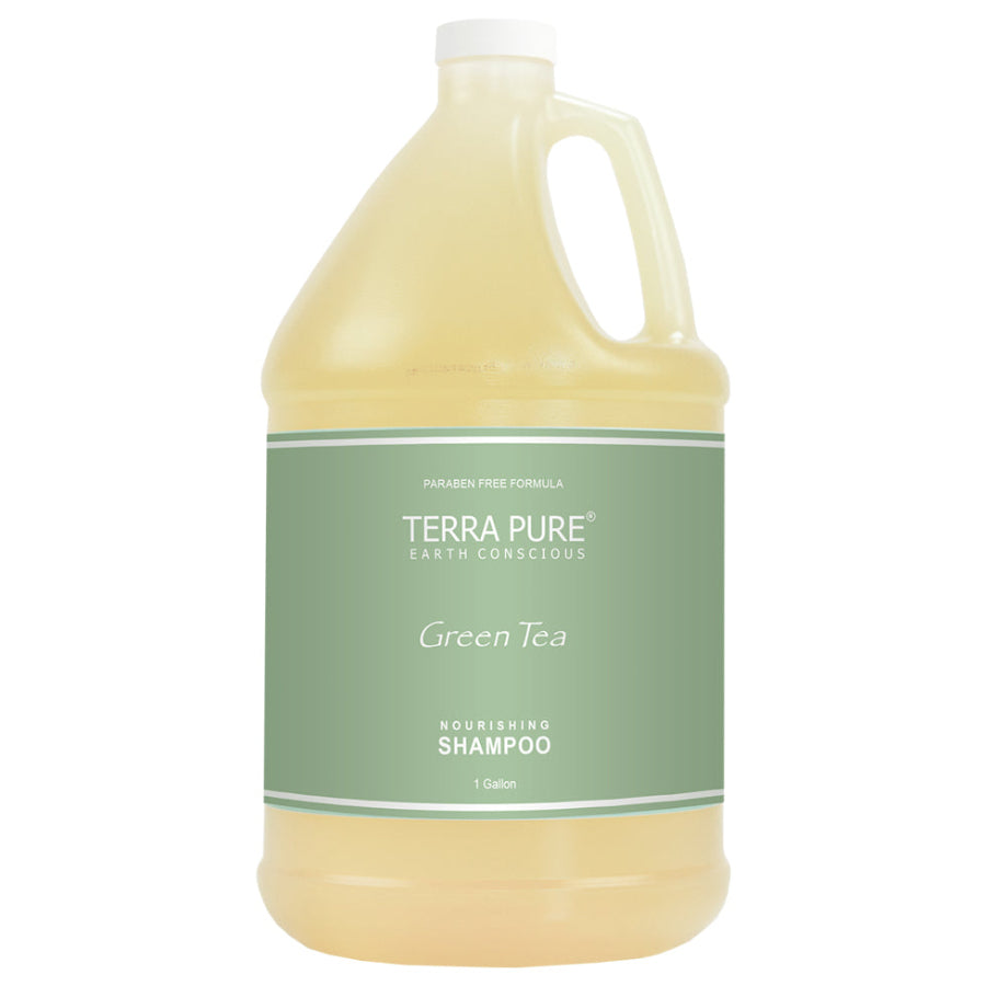 Pictured: Gallon size refill of the Tera Pure Green Tea Shampoo against a white background. The jug is a clear plastic with a twist off cap wrapped in a green label.