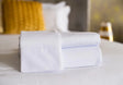 Neatly folded bed sheets with high quality linen. Features pillow cases, fitted sheets and flat sheets.