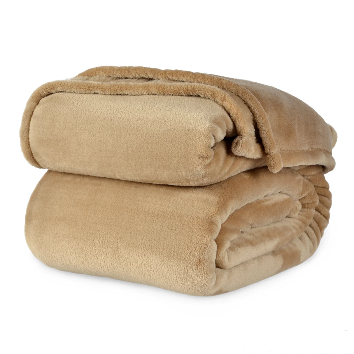 Beige colored fluffy and luxurious blanket neatly folded. Product shot.
