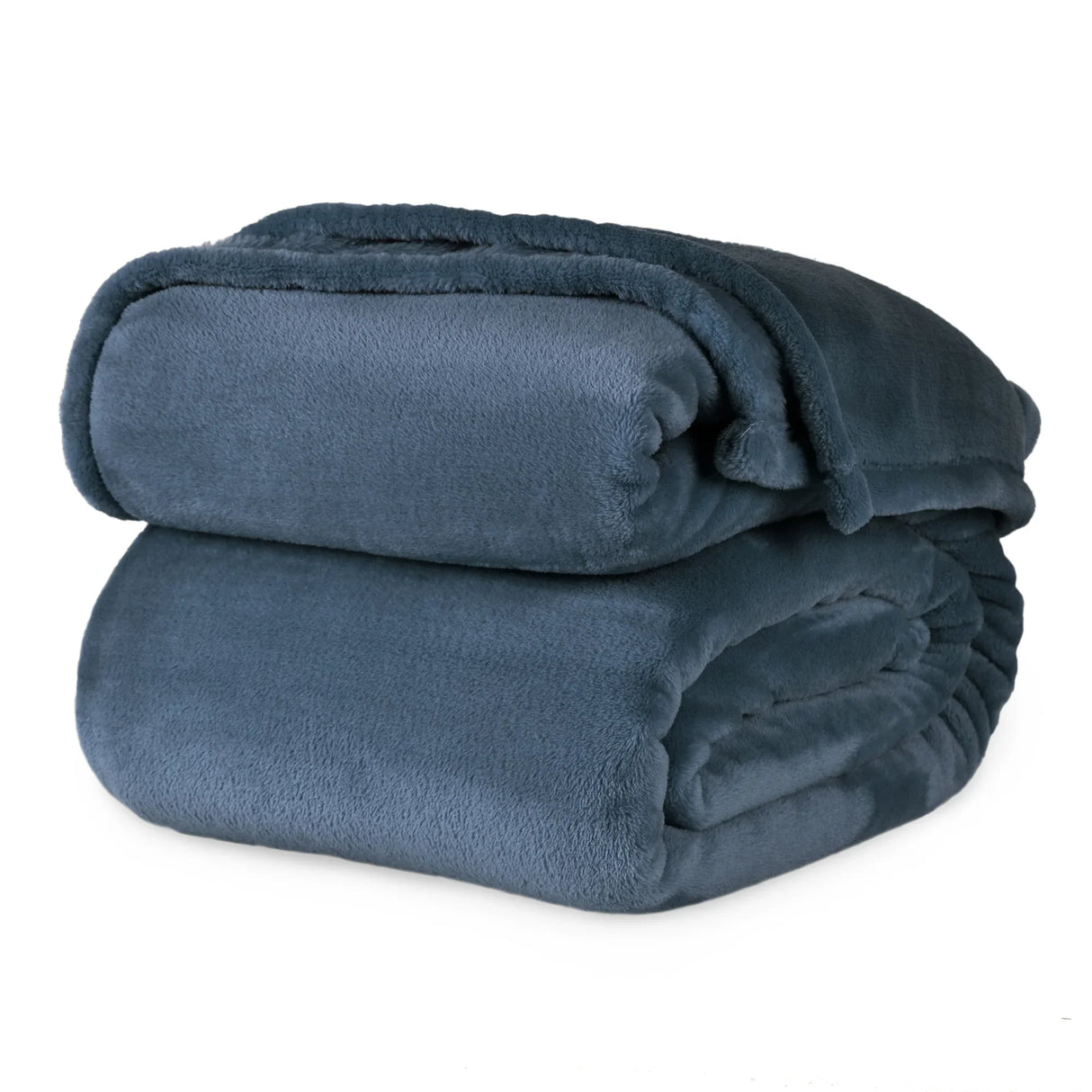 Navy blue colored fluffy and luxurious blanket neatly folded. Product shot.