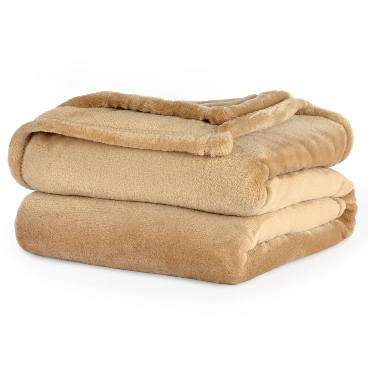 Product shot of throw blanket with fluffy texture. In a beige/almond color. White background.