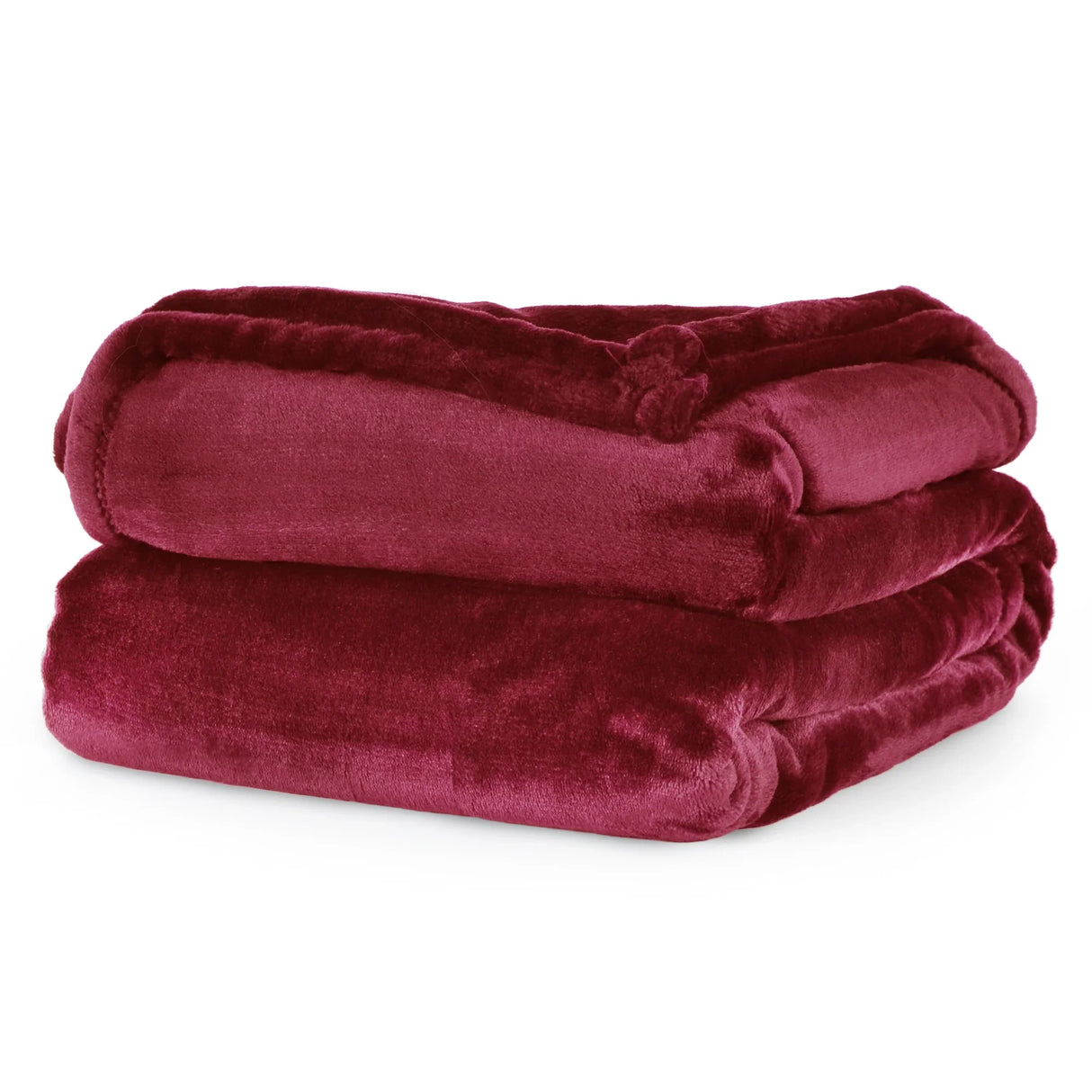 Product shot of soft fluffy throw blanket in burgundy. Neatly folded showcasing its soft design. White background.