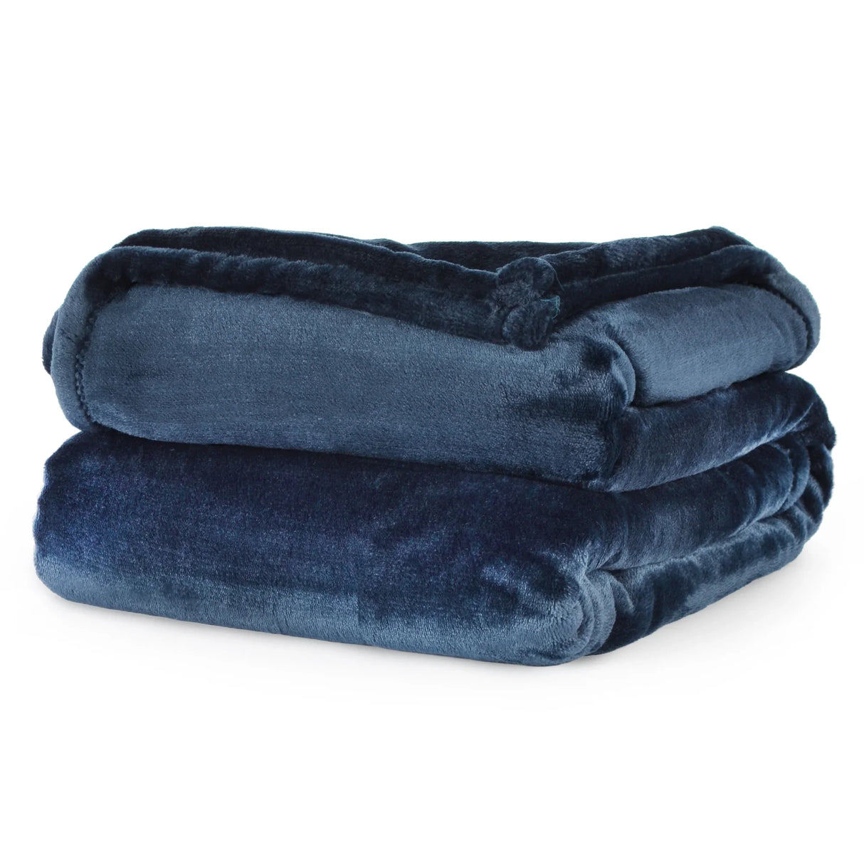 Product shot of soft and fluffy throw blanket in a navy velour color. Product is neatly folded and emphasizes its soft texture. White background.