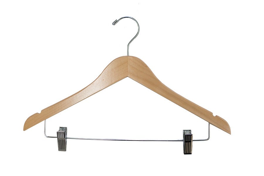Wooden hanger with metal clips on a white background