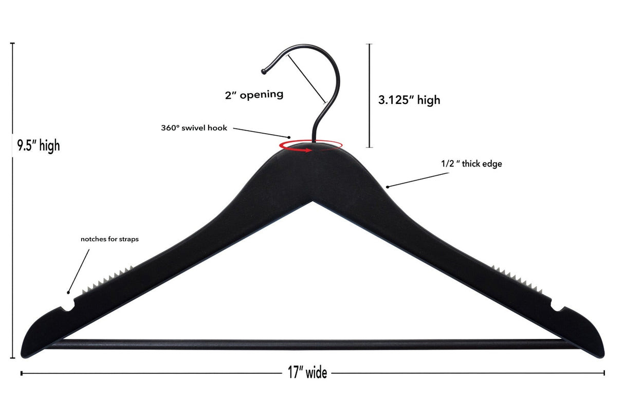 Black hanger with measurements labeled on a white background